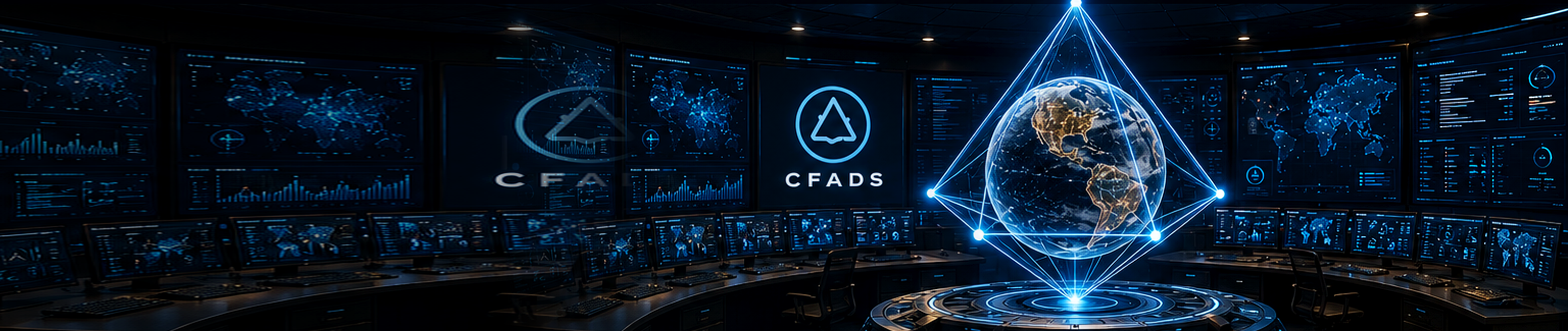 CFADS command center with floating Earth inside tetrahedron geometry